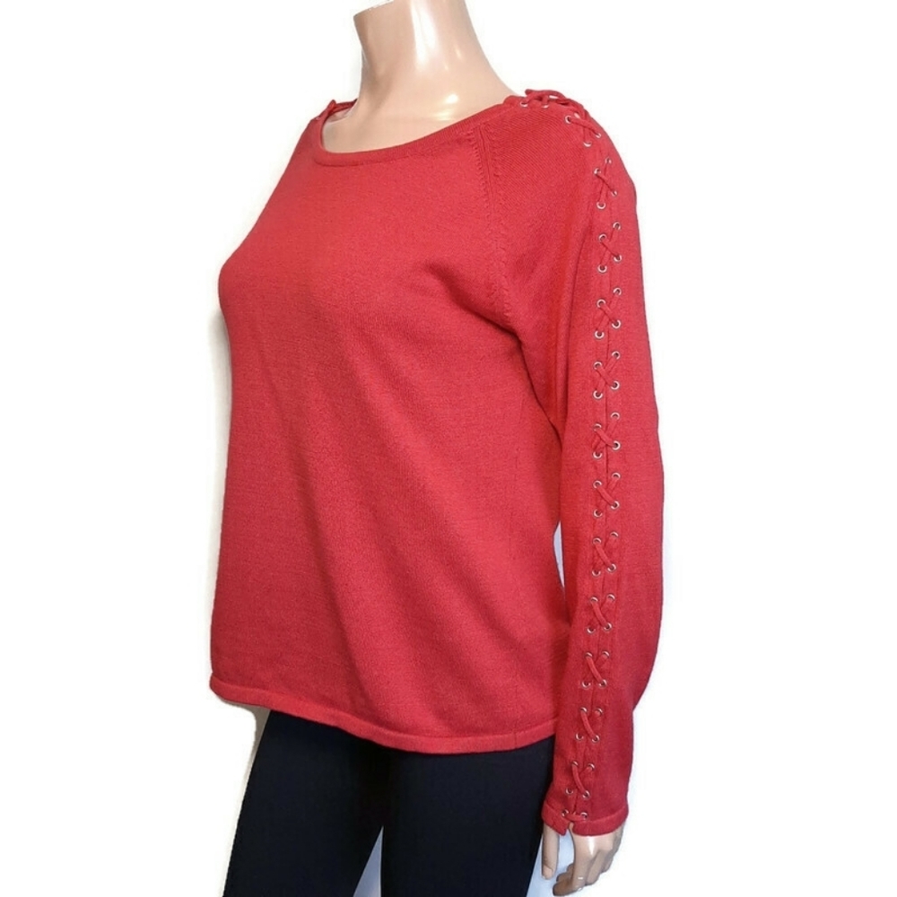 URBAN HAGGAR Lace Up Long Sleeve Boat Neck Top Womens Size Large Red